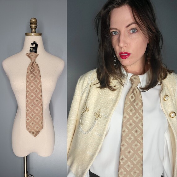 1960s/ 1970s Beige Patterned Clip-on Tie Beau Brum