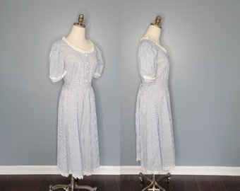 1980s Blue and White Striped John Roberts Dress Eyelet Trim