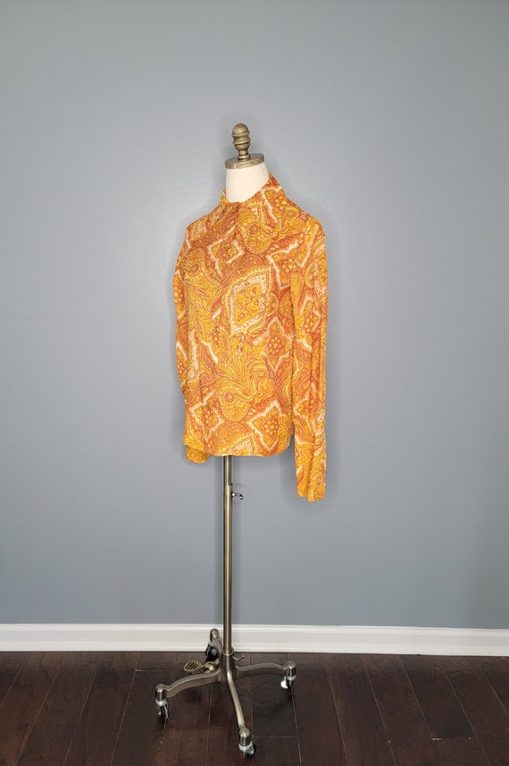 1970s Button Up Shirt Orange and Yellow Paisley S… - image 5