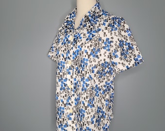1960s Geometric Print Blue Black and White Top Sixties Party
