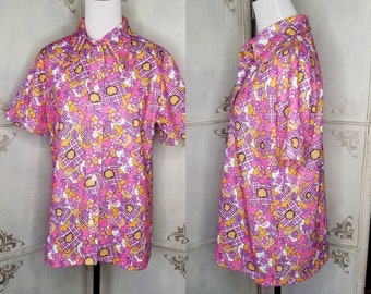 60s Quintessential Floral Print Collar Shirt Pink Lavender Orange JBK