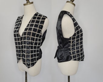 Vintage Effeci Beaded Sequined Vest Black and White Check Size Small