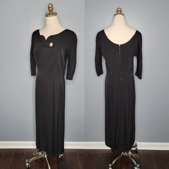 1960s Black Jersey Pleated Cocktail Dress - image 1