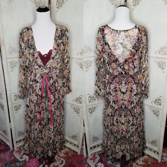 80s Lew Magram Floral Dress Burgundy Small - image 1