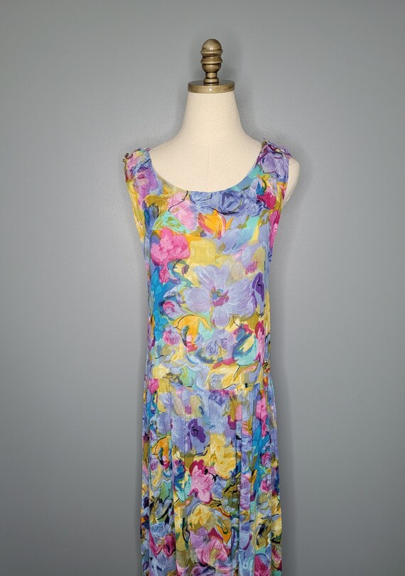 1990s Floral Watercolor Print Drop Waist Dress Si… - image 8