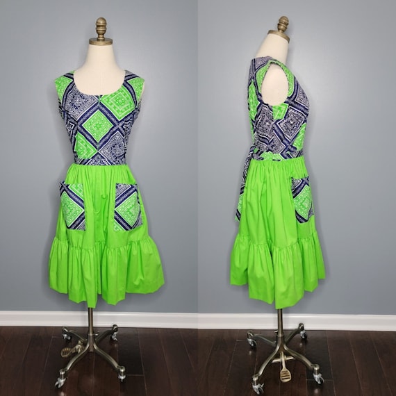 1970s Lime Green and Blue Suburbanite Dress Seventies Party Sleeveless Ruffled Dress 1970s Lime Green and Blue Suburbanite Dress Seventies Party Sleeveless Ruffled Dress
