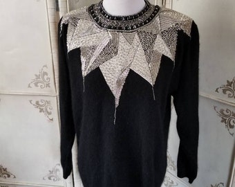 1980s IB Diffusion Sweater Black and Silver Jeweled Collar Size Medium