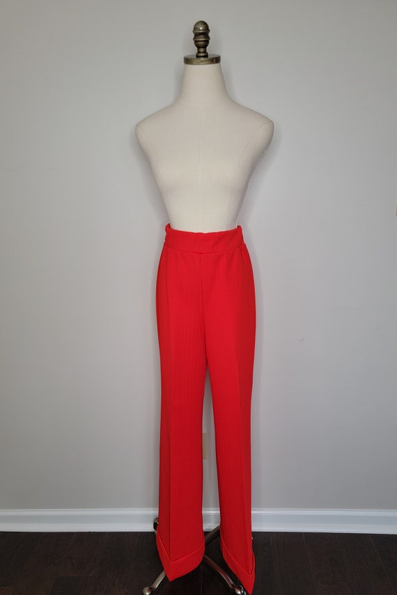 1970s Red Ribbed Polyester Wide Leg Pants Stockto… - image 3