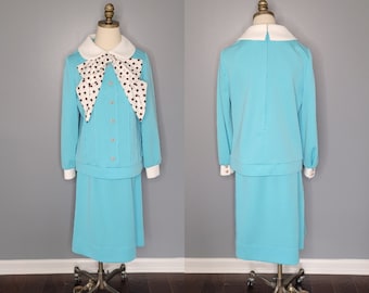 1960s Blue Nardis of Dallas Suit with White Collar and Cuffs Polka Dot Bow at Collar