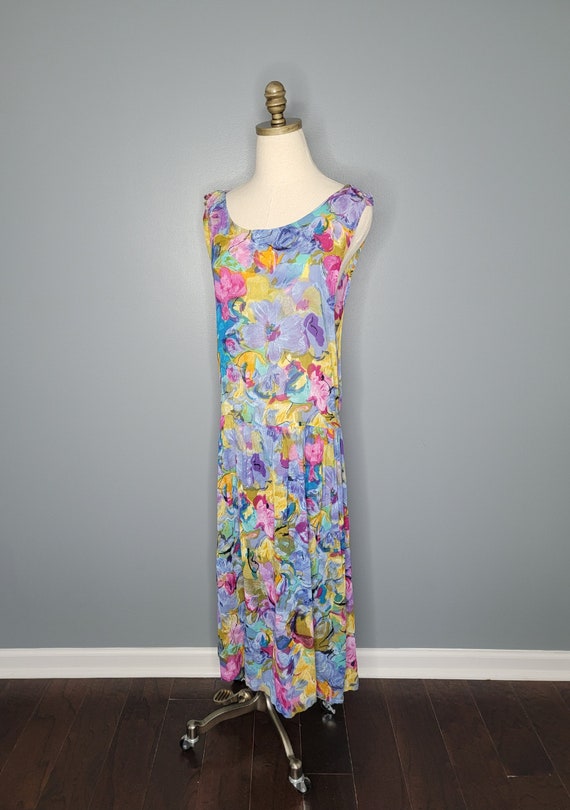 1990s Floral Watercolor Print Drop Waist Dress Si… - image 2