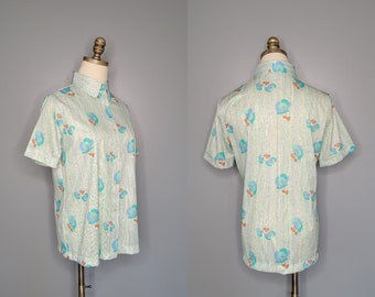 1960s Sears Perma Prest Floral Print Button Up Shirt 60s Novelty Print Top
