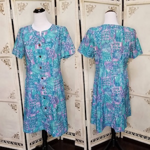 60s Watercolor Blue and Lavender Pastel Print Dress 1A image 1