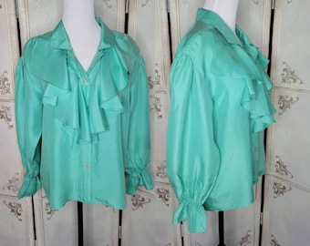 1980s Notations Silk Ruffled Blouse Mint Green Vintage Womens Top 80s Style Business Blouse Eighties Fashion Poets Blouse