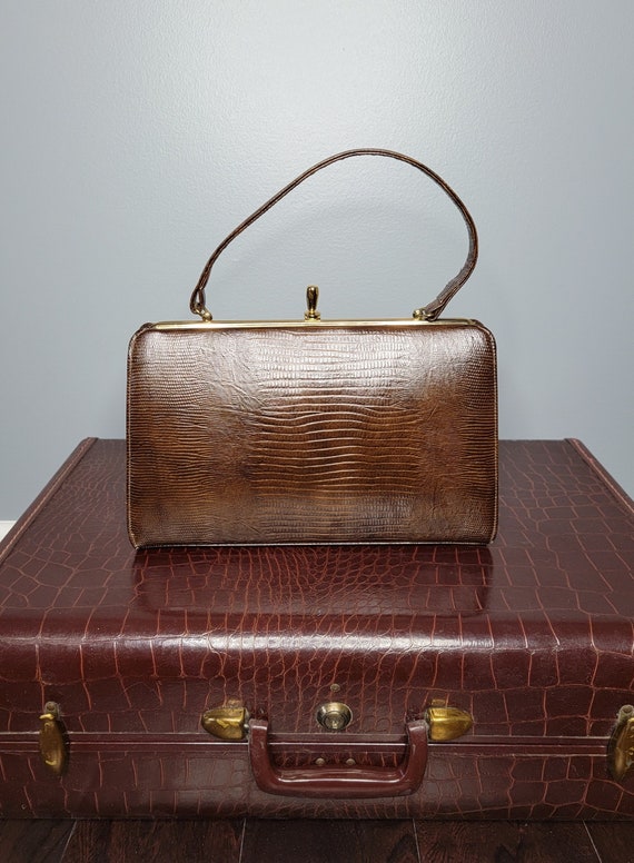 1960s Brown Reptile Embossed Purse Excel Handbags - image 1