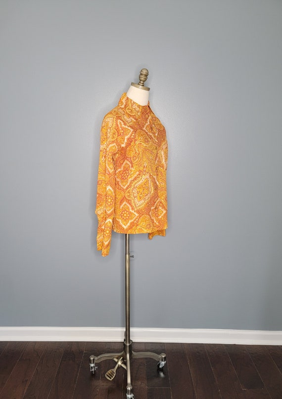 1970s Button Up Shirt Orange and Yellow Paisley S… - image 8