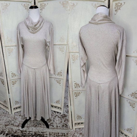 1980s  Cowl Neck Sweater Dress Handmade Beige Dres