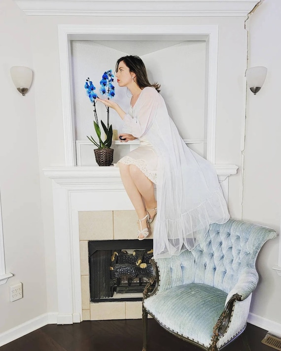 60s Sheer Blue Floral Dressing Gown Midcentury Miss Elaine Robe Sixties