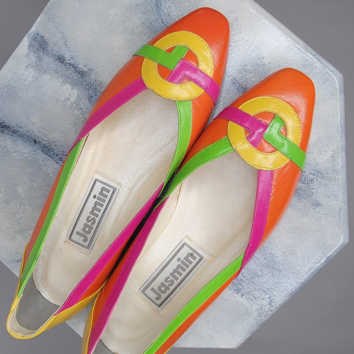 1980s Jasmin Point Toe Neon Orange Colorblock Heels Eighties Party ...