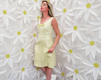 1960s Mod Party Dress, Yellow Brocade, Velvet Bow (36" Bust)