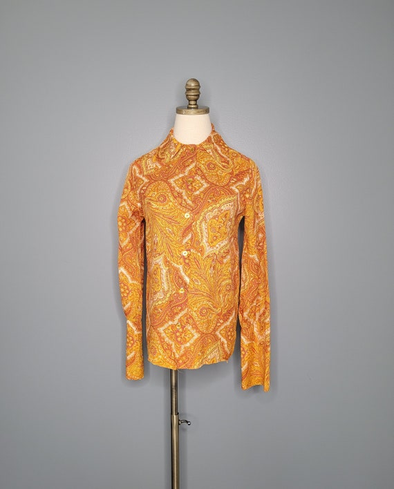 1970s Button Up Shirt Orange and Yellow Paisley S… - image 3