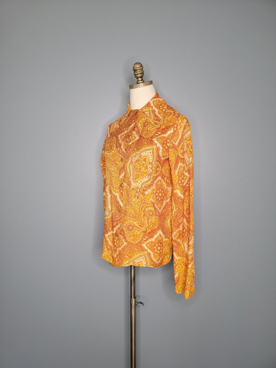 1970s Button Up Shirt Orange and Yellow Paisley S… - image 2