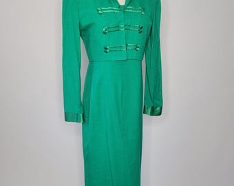 1980s Green Sheath Dress and Bolero Vintage Suit Size 6