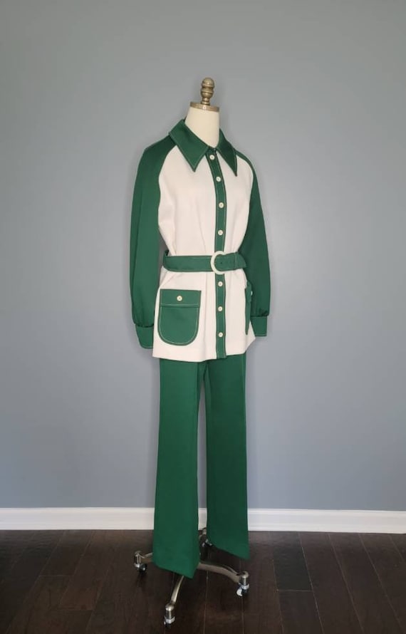 70s Nardis of Dallas Green and White Polyester Sh… - image 2