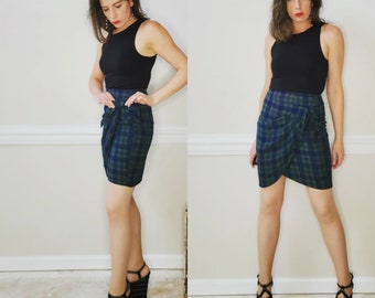 90s Blue and Green Plaid Faux Wrap Skirt Wrapper 7/8