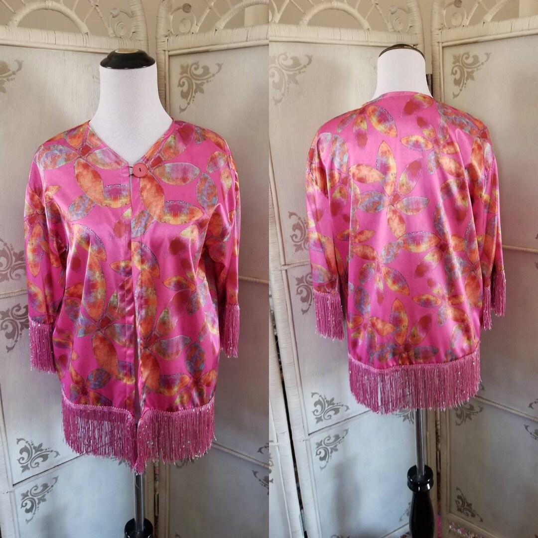 Girls Hot Pink Fringe Kimono Caftan Swimsuit Cover up Floral Etsy