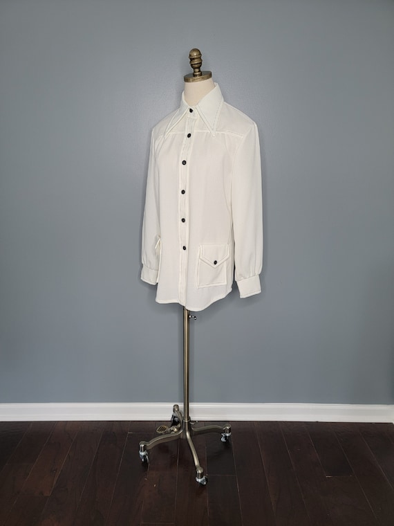 1970s Ivory Button Up with Black Topstitching 70s Lon… Gem