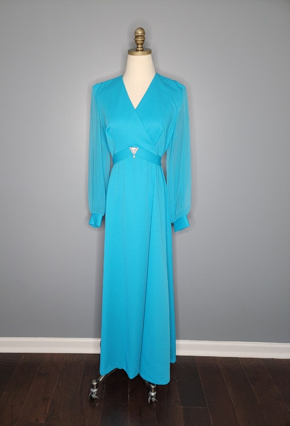 1970s Blue Evening Gown Seventies Formal Maxi Dress