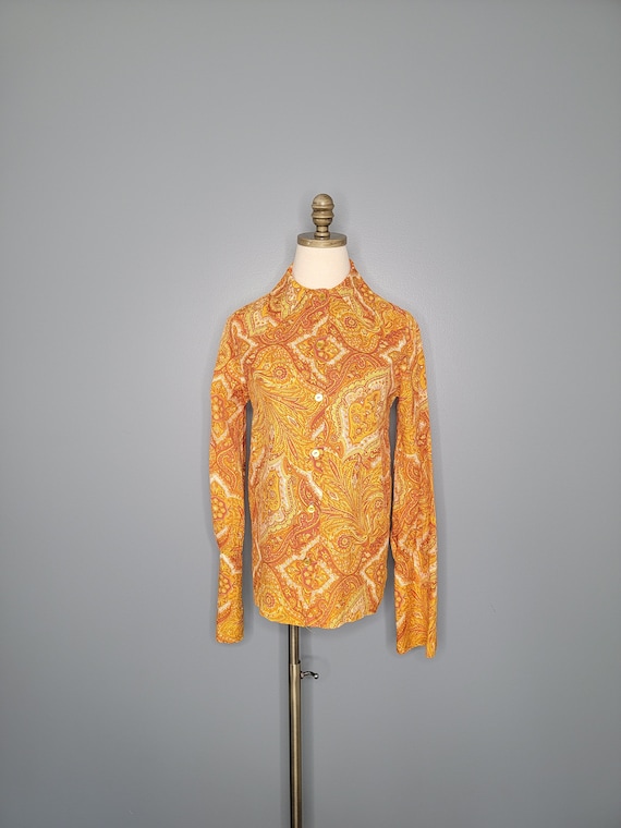 1970s Button Up Shirt Orange and Yellow Paisley S… - image 4