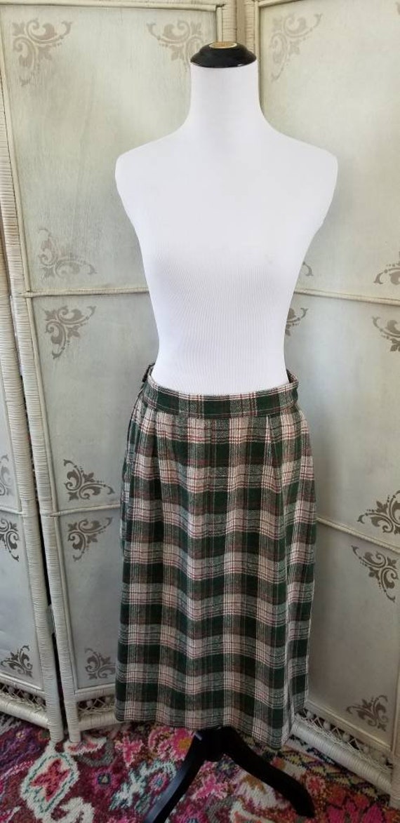 70s Plaid Green Wool Skirt - image 3