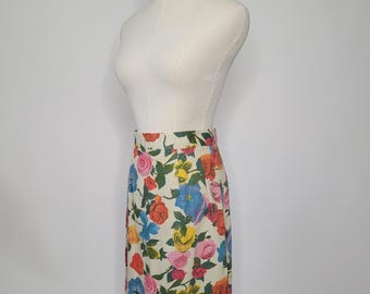 1980s High Waist Floral Pencil Skirt Vintage 80s Handmade Skirt