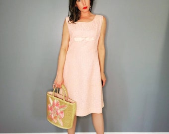 1960s Pink Lace Sheath Dress, Vintage Pastel with Bow, Large