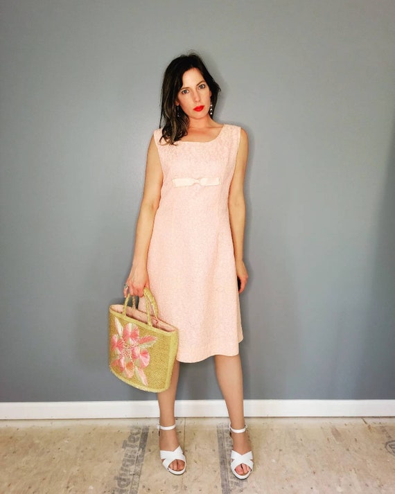 1960s Pink Lace Sheath Dress, Vintage Pastel with Bow, Large