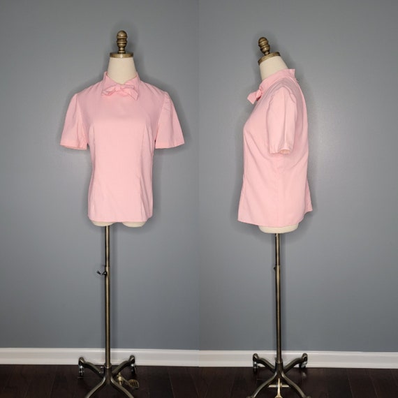 60s Pink Blouse Pussy Bow Collar Small - image 1