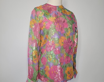 Vintage 1980s Sheer Floral Blouse and Camisole Set Size 8 Metallic Floral Print Top
