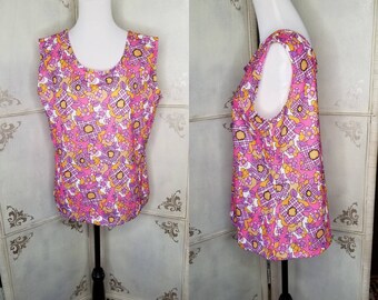 1960s Quintessential Tank Top Flower Print Lavender Pink Orange Size Large