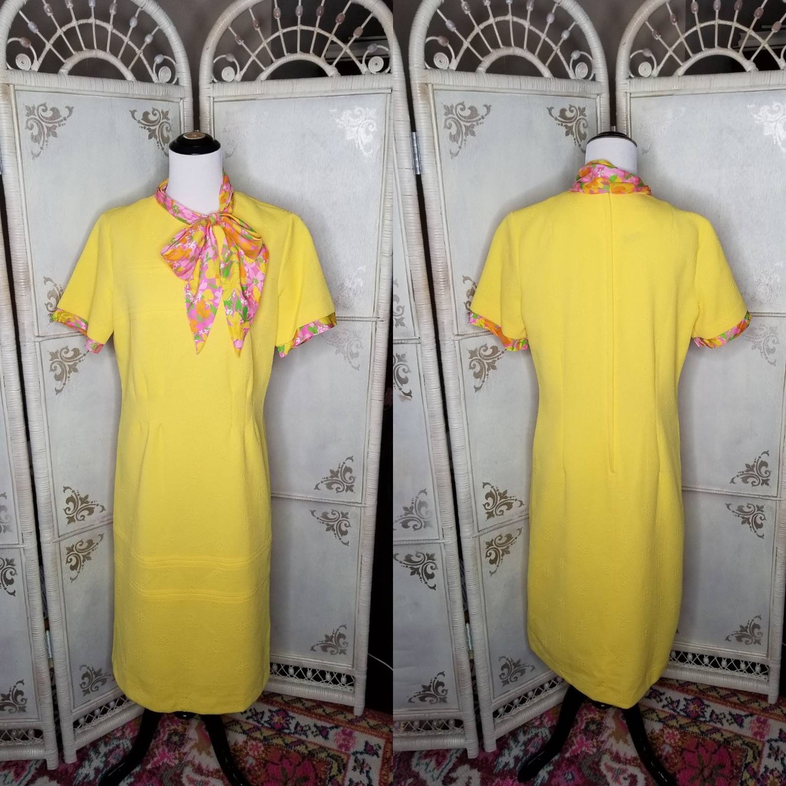 60s Roberta Lee Yellow Dress With Scarf Textured Polyester - Etsy