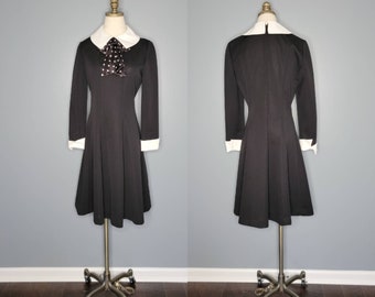 60s Dalton Black Polyester Dress with White Collar and Cuffs