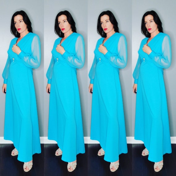 70s Blue Maxi Evening Dress