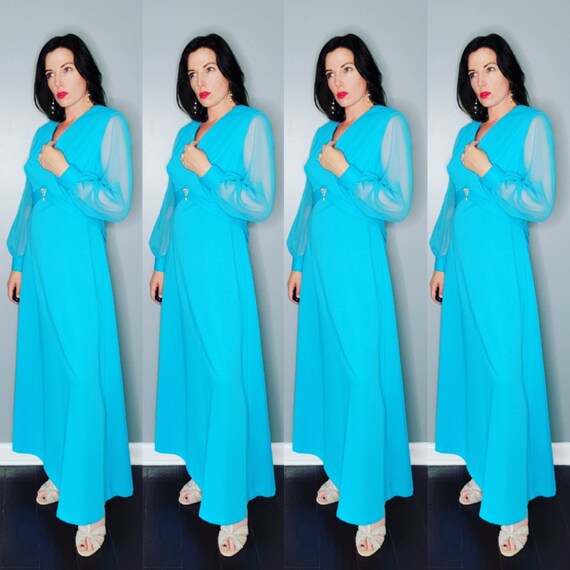 1970s Blue Evening Gown Seventies Formal Maxi Dress View 2
