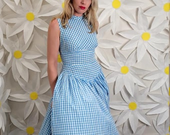 50s Blue and White Dropwaist Gingham Dress Small