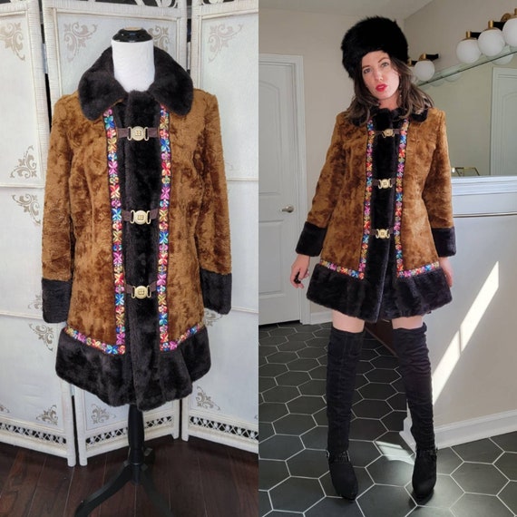 70s Trail Tracer Faux Fur Coat Brown with Black T… - image 1