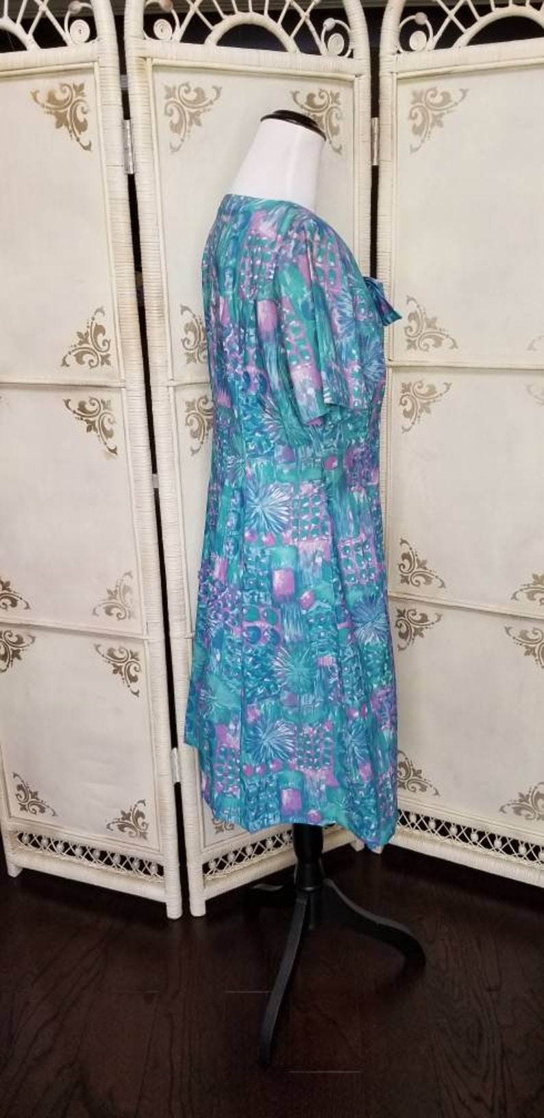 60s Watercolor Blue and Lavender Pastel Print Dress 1A image 8