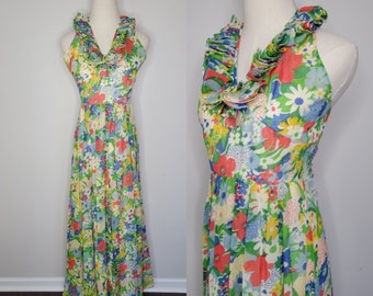 1970s-era Floral Halter Dress Seventies Formal Dress Handmade Junior XXS