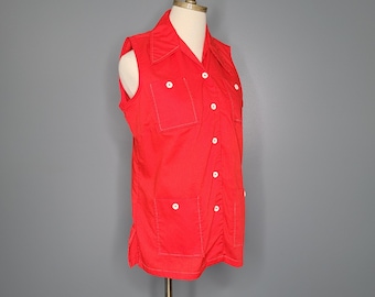 70s Ship N Shore Red Sleeveless Button Up Shirt