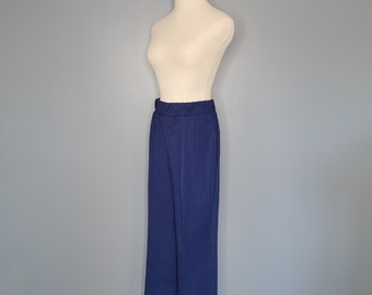 60s/70s  Stockton Wide Leg Navy Polyester Pants Textured Polyester Cuffed Trouser