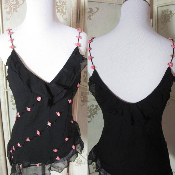 Silk Lingerie Camisole Black with Pink Rosettes Si